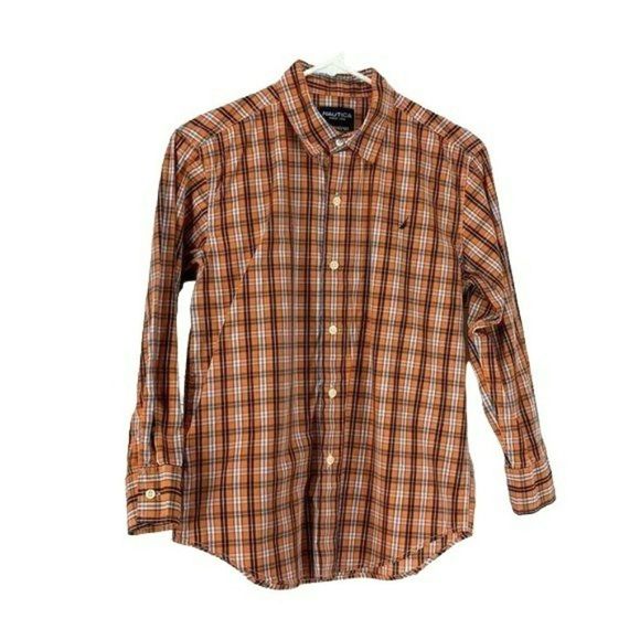 Nautica Kids Boys Orange Blue Button Up Down Long Sleeve‎ Medium 10/12 - Picture 1 of 9